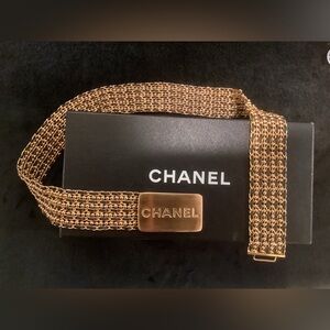 Authentic CHANEL Gold and Leather Multi-Row Chain Belt with Logo Plaque